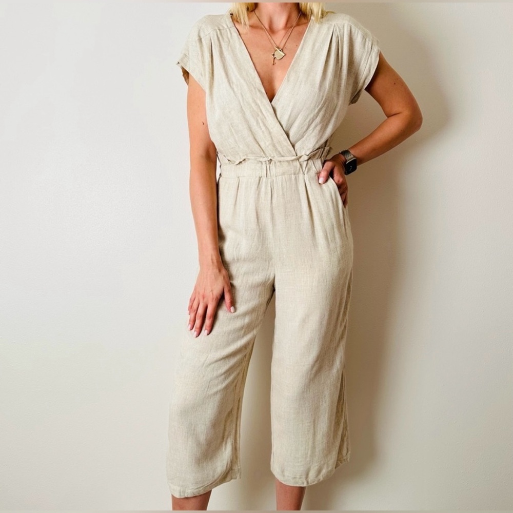 3/15$ 🛍️ Monteau LA Women's Jumpsuit Natural Beige Linen Blend Slee